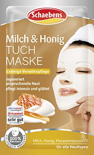 Schaebens Milch & Honig Tuchmaske - cremige verwöhnpflege mit Milch, Honig und Macadamianuss-Öl für, 1 Stück (1er Pack) im Sale